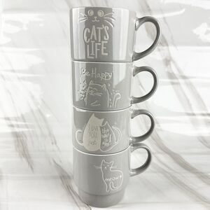 Cat's Life Signature Housewares Stoneware Stacking Coffee Mug Tower 4 Gray Cups